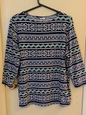Croft & Barrow Black White Mint Striped 3/4 Sleeve Top | Size XL | Lightweight